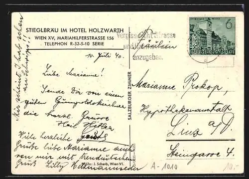 AK Wien, Hotel Holzwarth, Gaststätte Stieglbräu, Mariahilferstrasse 156, Innenansicht