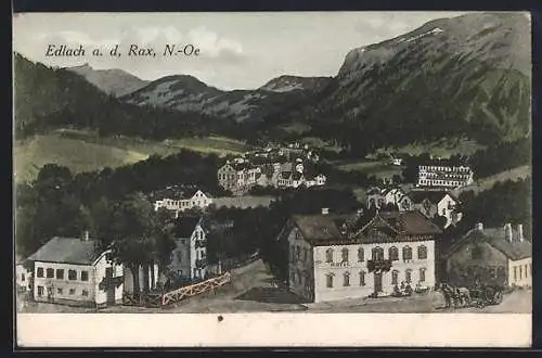 AK Edlach a. d. Rax, Ortsansicht mit Hotel und Bergpanorama, von oben gesehen