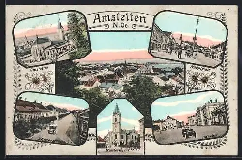 AK Amstetten, Panorama, Wienerstrasse, Klosterkirche & Hauptplatz