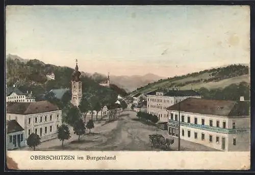 AK Oberschützen /Burgenland, Strassenpartie mit Post u. Hotel J. Schuh aus der Vogelschau