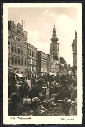 AK Wels, Wochenmarkt mit Verkaufsständen