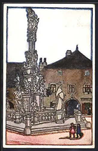 Künstler-AK Neunkirchen, Hauptplatz - Dreifaltigkeitssäule