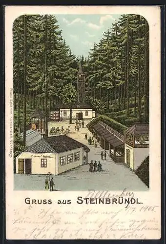 Lithographie Krummnussbaum, Steinbründl, Ortsansicht, J. Renner's Gasthaus