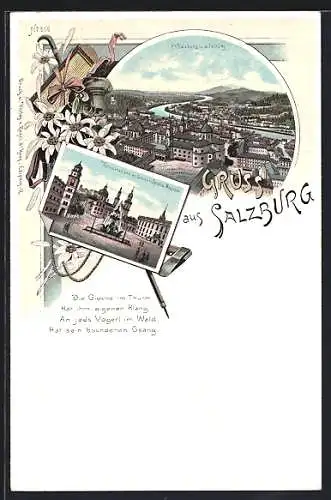 Lithographie Salzburg, Residenzplatz m. Glocken-Spiel und Brunnen, Ortsansicht von der Festung