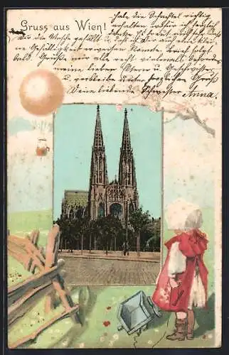 Lithographie Wien /Nieder-Oesterreich, Blick auf die Votiv-Kirche