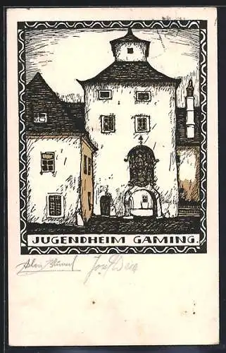 Künstler-AK Gaming /N.-Oe., Kartause, Torbau