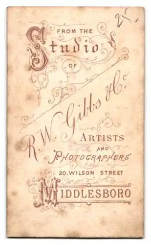 Fotografie R.W. Gibbs & Co., Middlesboro, Wilson Street 20, Frau in elegantem Kleid neben Stuhl