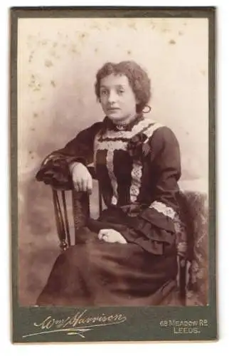 Fotografie Wm. Harrison, Leeds, Meadow Rd 68, Sitzende junge Frau in viktorianischer Kleidung