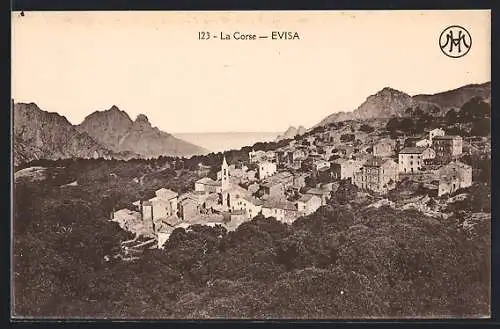 AK Evisa, Blick auf das Dorf und die umliegenden Berge