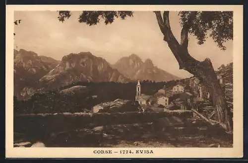 AK Evisa, Bergdorf mit Kirche und Gebirge im Hintergrund