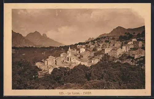 AK Evisa, Blick auf das Dorf und die umliegenden Berge