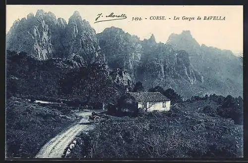 AK Bavella, Les Gorges de Bavella, Gebirgsschlucht mit Haus und Weg