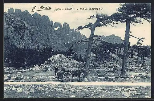 AK Col de Bavella, Gebirgslandschaft mit Pferdekarren und Bäumen