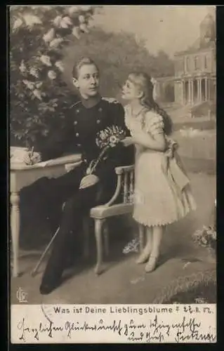 AK Kronprinz Wilhelm von Preussen am Schreibtisch mit kleinem Mädchen, Blumen