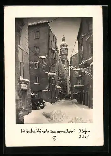 Foto-AK Adalbert Defner: Innsbruck, Verschneite Strassenpartie, Neujahrskarte