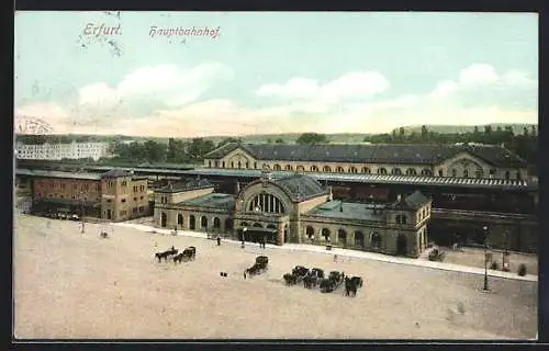 AK Erfurt, Hauptbahnhof mit Pferdekutschen