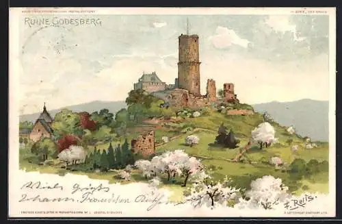 Künstler-AK Fritz Reiss: Godesberg, Blick zur Ruine Godesberg