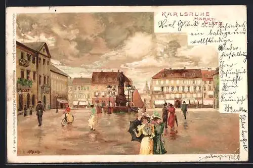 Künstler-AK Carl Münch: Karlsruhe, Passanten auf dem Marktplatz