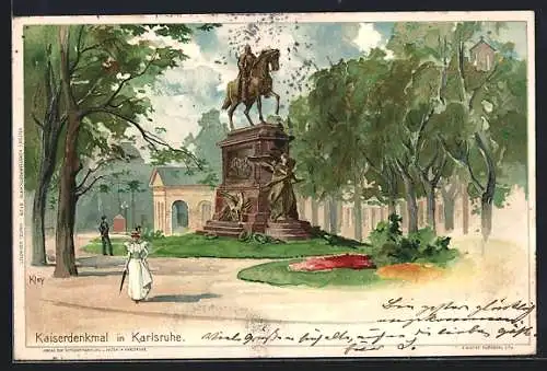 Künstler-AK Heinrich Kley: Karlsruhe, Spaziergänger vor dem Kaiserdenkmal