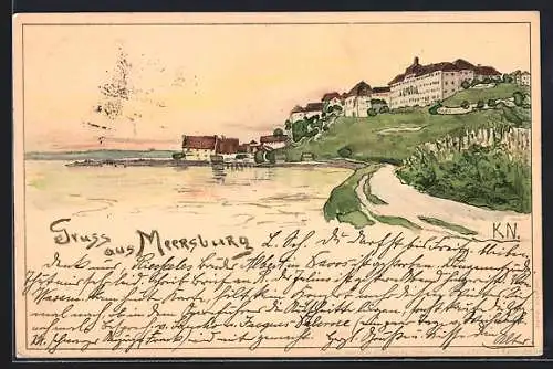 Künstler-AK Meersburg, Uferpartie mit Blick zum Ort