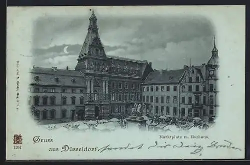 Mondschein-AK Düsseldorf, Marktplatz und Rathaus aus der Vogelschau