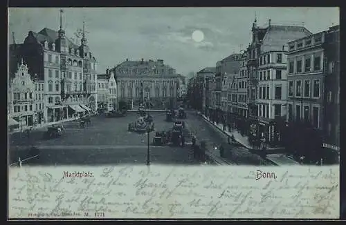 Mondschein-AK Bonn, Marktplatz, von oben gesehen