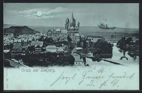 Mondschein-AK Limburg / Lahn, Teilansicht mit Brücke und Fernblick