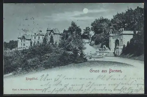 Mondschein-AK Barmen, Ringelthal, Panorama mit Gebäuden