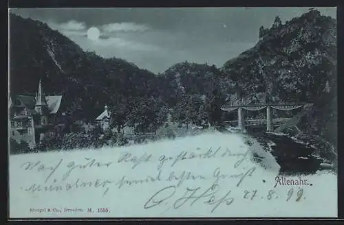 Mondschein-AK Altenahr, Teilansicht mit Brücke und Burg