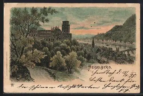 Lithographie Heidelberg / Neckar, Ortsansicht aus der Vogelschau