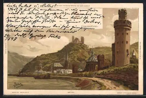 Künstler-AK Carl Biese: Oberwesel, Partie am Ufer mit Blick auf Turm und Kirche