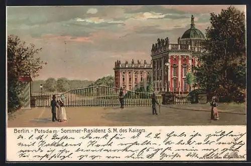 Lithographie Potsdam, Berlin, Sommer-Residenz S.M. des Kaisers, Frauen m.Regenschirmen, Polizist