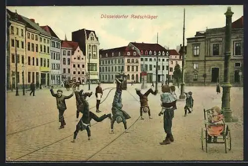 AK Düsseldorf, Düsseldorfer Radschläger, Ortspartie mit Strassenbahn