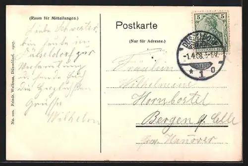 AK Düsseldorf, Düsseldorfer Radschläger, Ortspartie mit Strassenbahn