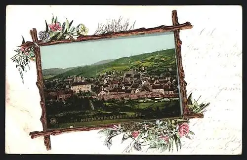 Passepartout-AK Münstereifel /Rheinland, Ortsansicht mit Umgebung, Blumen