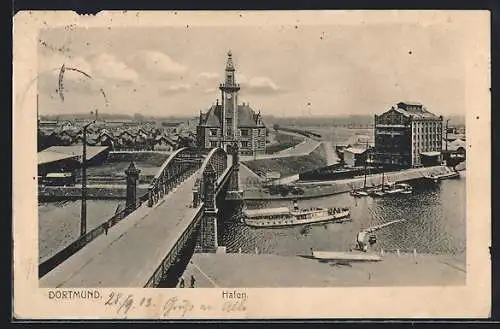 AK Dortmund, Hafen mit Brücke und Stadtblick aus der Vogelschau