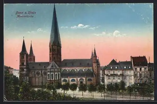 AK Bonn a. Rh., Münsterkirche mit Nachbargebäuden u. Strasse