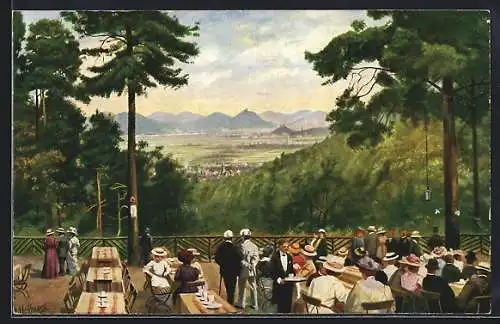 Künstler-AK Casselsruhe bei Bonn, Gasthaus mit Blick auf Godesberg und das Siebengebirge