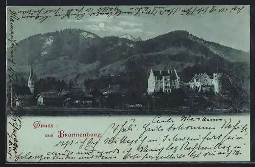 Mondschein-AK Brannenburg, Ortsansicht mit Bergpanorama