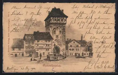 Künstler-AK Reutlingen, Gartenthorplatz mit Brunnen