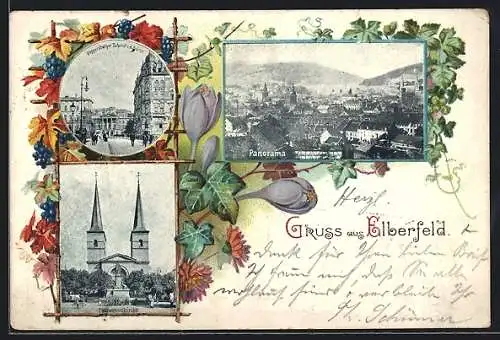 Lithographie Elberfeld, Doppersberger Bahnhof von der Brücke, Laurentuskirche, Panorama, Weintrauben- u. Laub