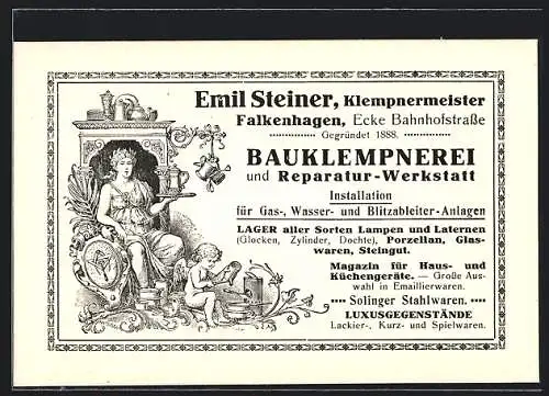 Künstler-AK Falkenhagen / Oder, Klempnermeister Emil Steiner, Ecke Bahnhofstrasse Gegründet 1888, Frau mit Krug