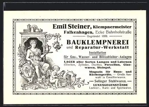 Künstler-AK Falkenhagen / Oder, Klempnermeister Emil Steiner, Ecke Bahnhofstrasse Gegründet 1888, Frau mit Krug