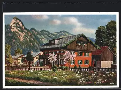 AK Oberammergau, Pension Sonnenschein M. Kratz mit Bergpanorama