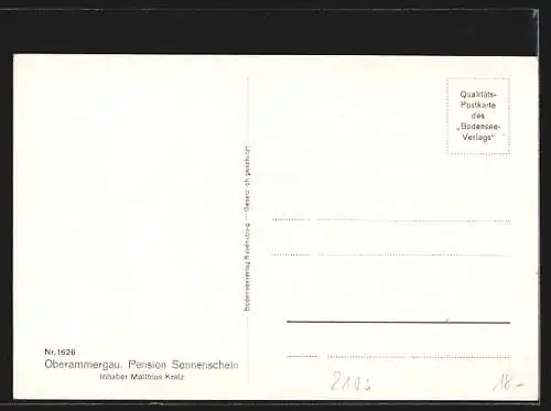 AK Oberammergau, Pension Sonnenschein M. Kratz mit Bergpanorama