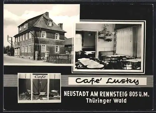 AK Neustadt am Rennsteig, Cafe Lusky mit Strasse, Schaufenster, Innenansicht