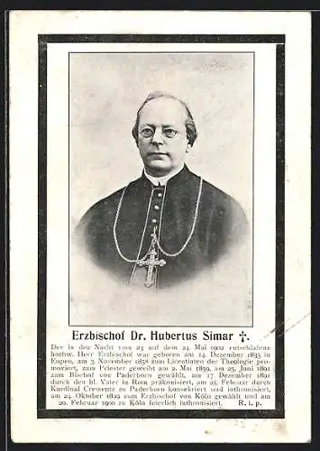 AK Köln, Erzbischof Hubertus Simar, Portrait, Trauerkarte 1902