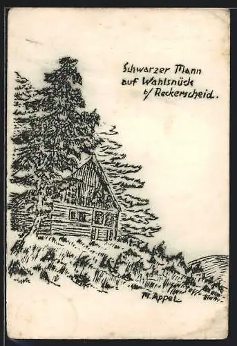 Künstler-AK Reckerscheid, Schwarzer Mann auf Wahlsnück, Blockhaus