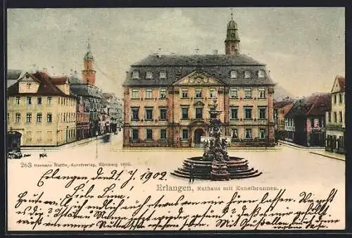 AK Erlangen, Rathaus mit Kunstbrunnen