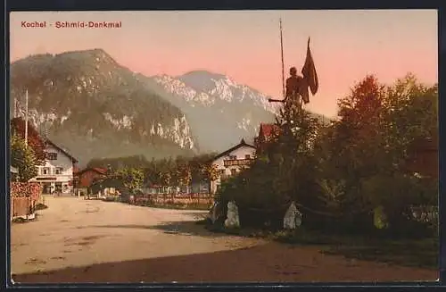AK Kochel, Schmid-Denkmal bei Sonnenuntergang